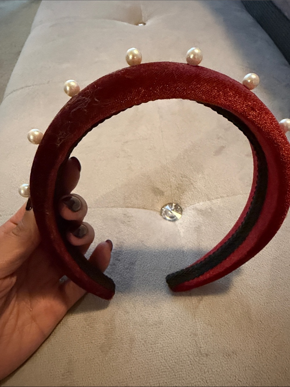 Velvet Pearl Accent Headband - Red